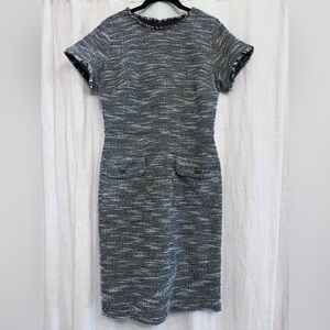 LOFT Blue & White Tweed Frayed Sheath Dress Size 6